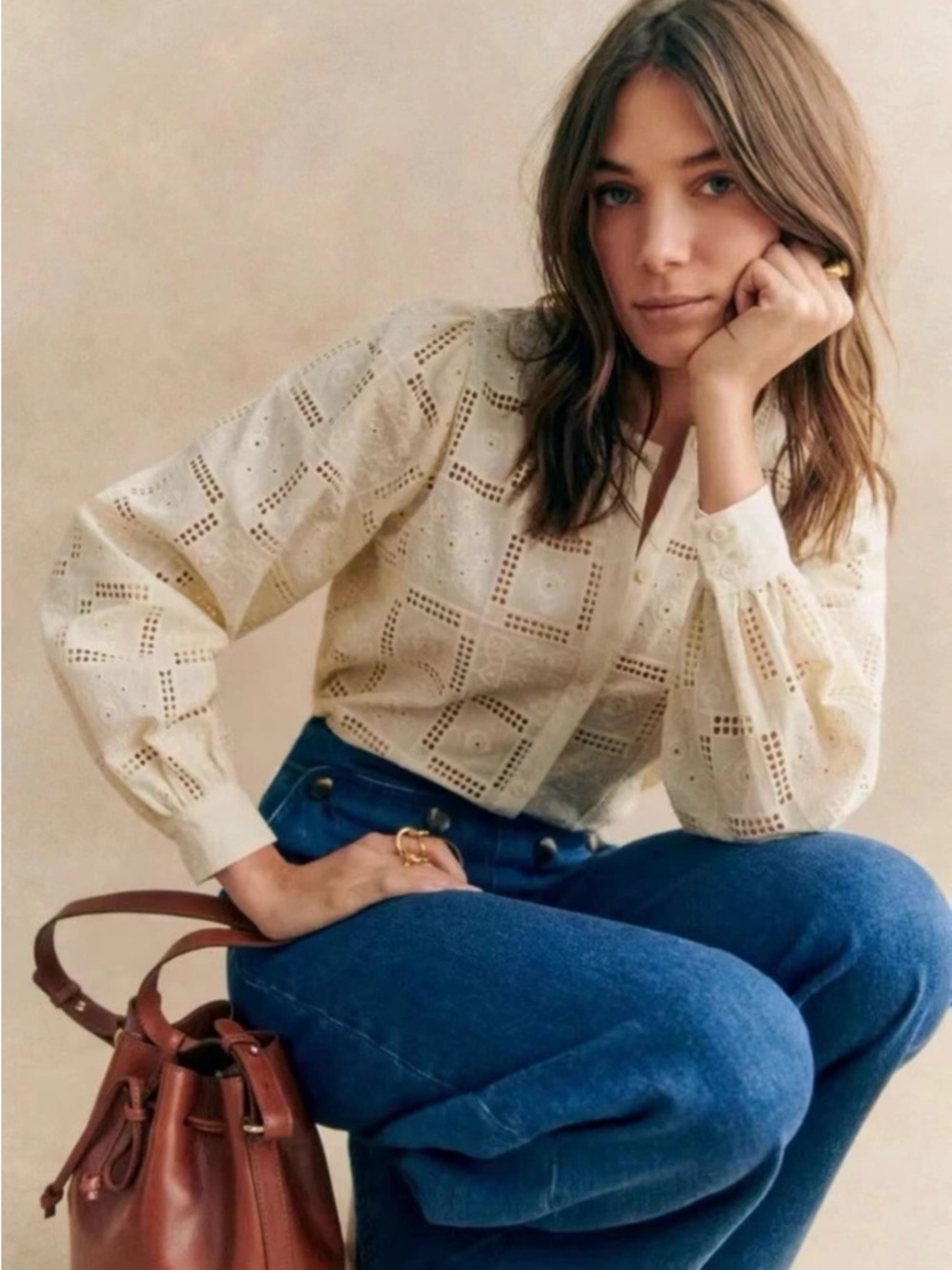 Sezane Cream Eyelet Square-Pattern Cotton Blouse